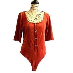 ADORABLE and unique - rust / deep orange red velvet body suit with buttons, L